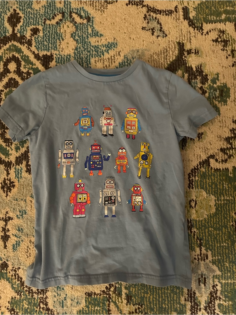 Mini Boden Light Blue Tee with Colorful Robot Crew